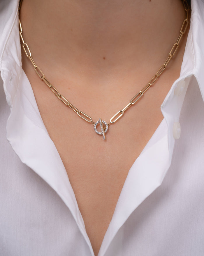 14K Gold Large Paper Clip Diamond Toggle Necklace, photo 5