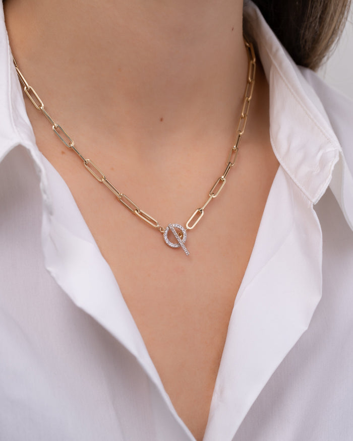 14K Gold Large Paper Clip Diamond Toggle Necklace, photo 3