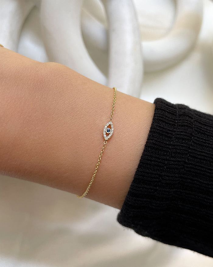 14K Gold Tiny Diamond and Sapphire Evil Eye Bracelet, photo 2
