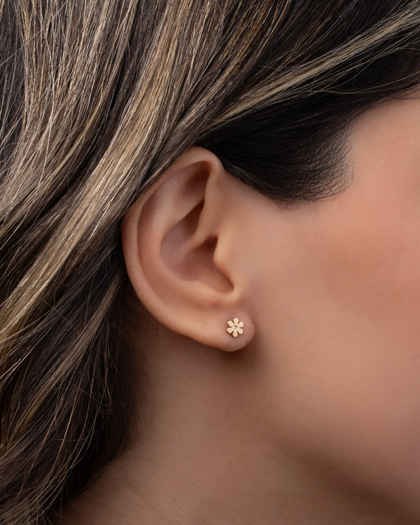 14K Gold Tiny Flower with Diamond Stud Earring, photo 2