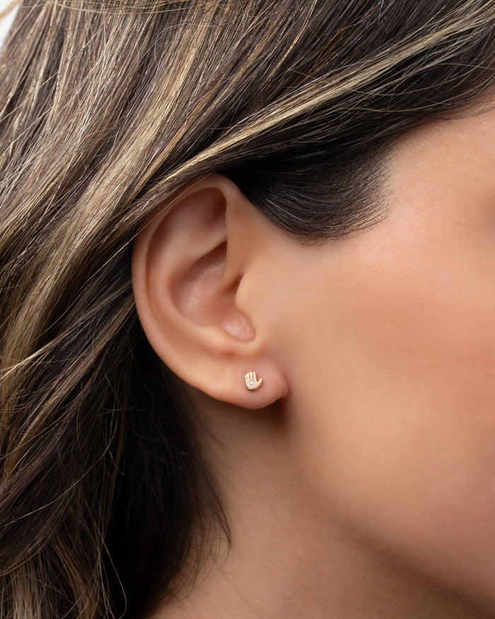 14K Gold Tiny Diamond Hamsa Stud Earring, photo 2
