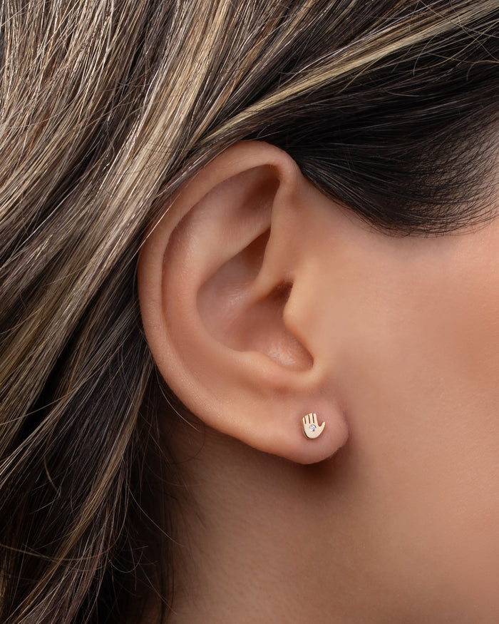 14K Gold Tiny Diamond Hamsa Stud Earring, photo 3