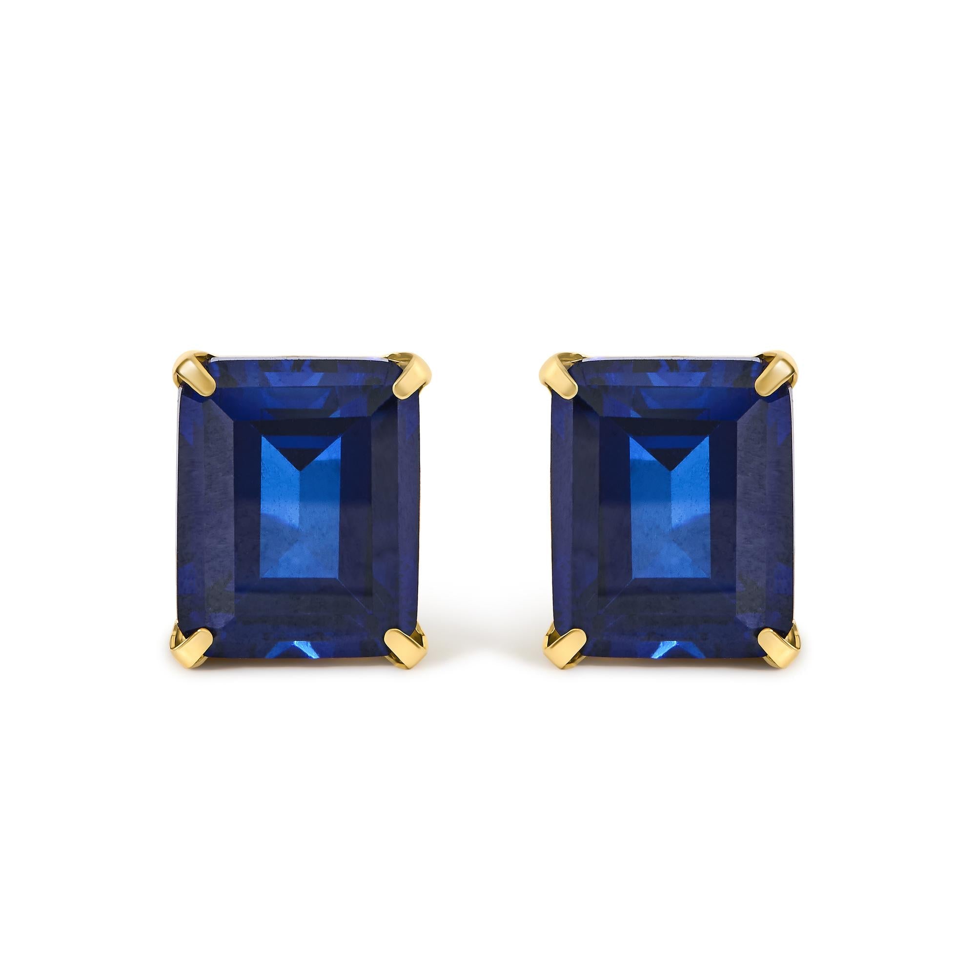 10x8mm Lab-Created Blue Sapphire Emerald-Cut Solitaire Stud Earrings in 18K Yellow Gold, photo 1