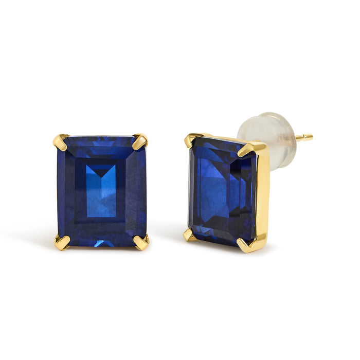 10x8mm Lab-Created Blue Sapphire Emerald-Cut Solitaire Stud Earrings in 18K Yellow Gold, photo 2