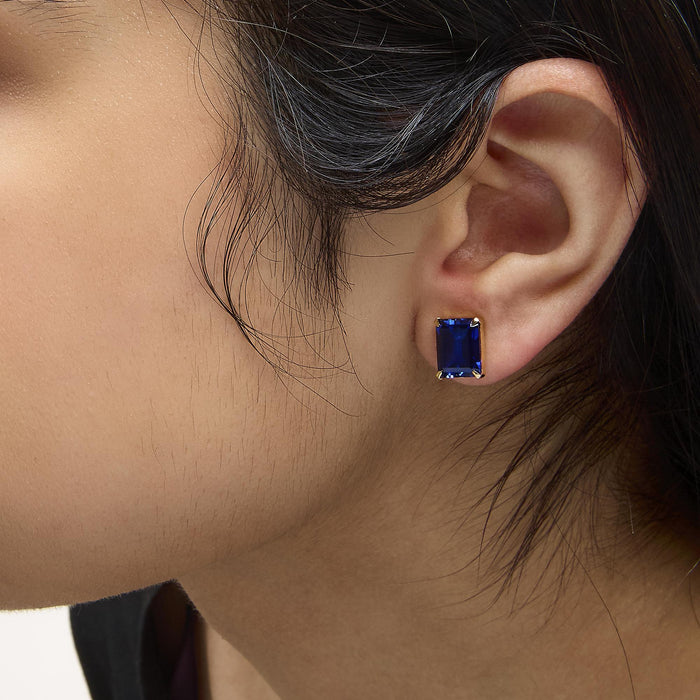 10x8mm Lab-Created Blue Sapphire Emerald-Cut Solitaire Stud Earrings in 18K Yellow Gold, photo 3