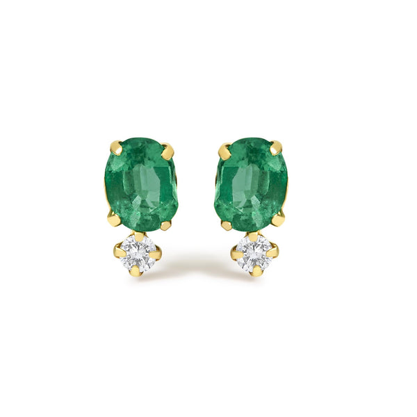Oval Green Emerald and Diamond Double Drop Stud Earrings in 18K Yellow Gold, photo 1