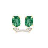 Oval Green Emerald and Diamond Double Drop Stud Earrings in 18K Yellow Gold