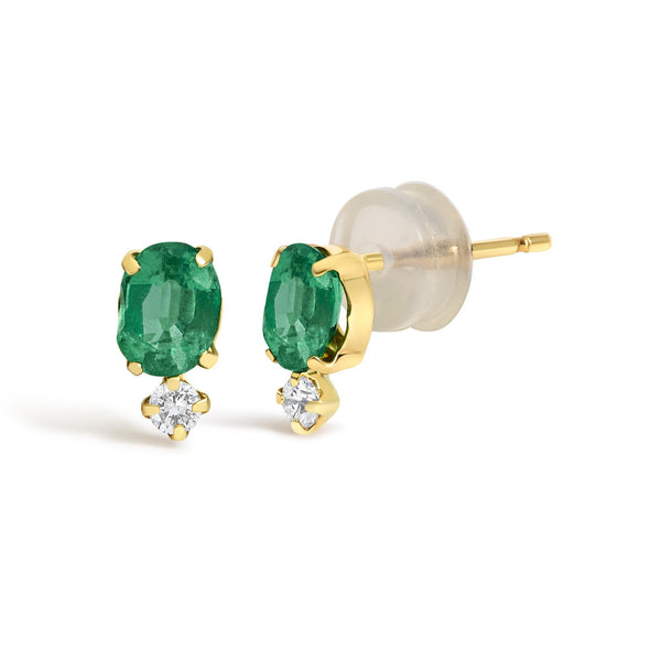 Oval Green Emerald and Diamond Double Drop Stud Earrings in 18K Yellow Gold, photo 2