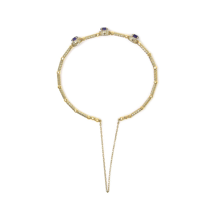 Pulsera de estaciones de halo con amatista morada y diamantes de 1/3 ct. p.t. en oro amarillo de 18K, foto 4