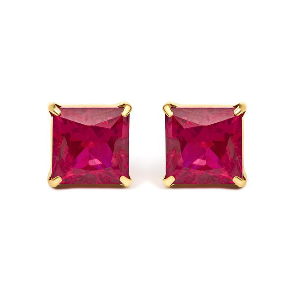 7x7mm Created Red Ruby Princess-Cut Solitaire Stud Earrings in 18K Yellow Gold, photo 1