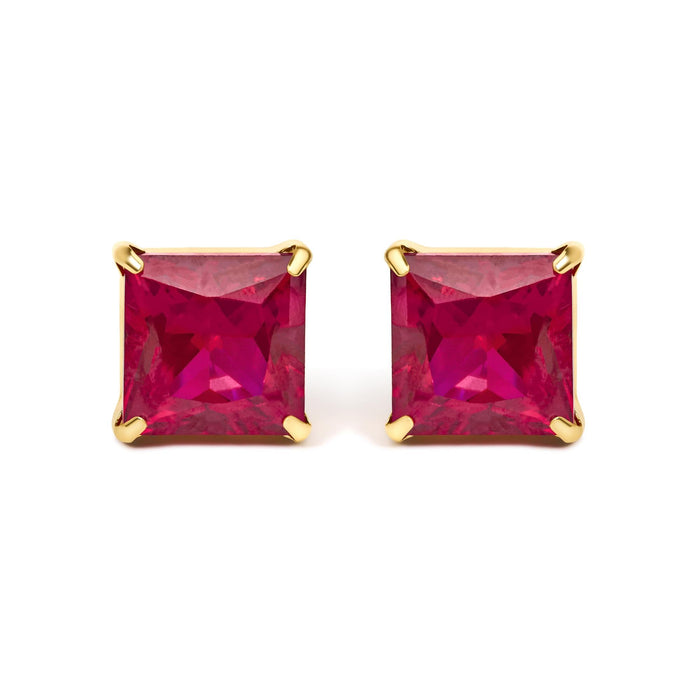 Aretes de botón solitarios con rubí rojo de talla princesa creado en laboratorio de 7x7 mm en oro amarillo de 18K, foto 1