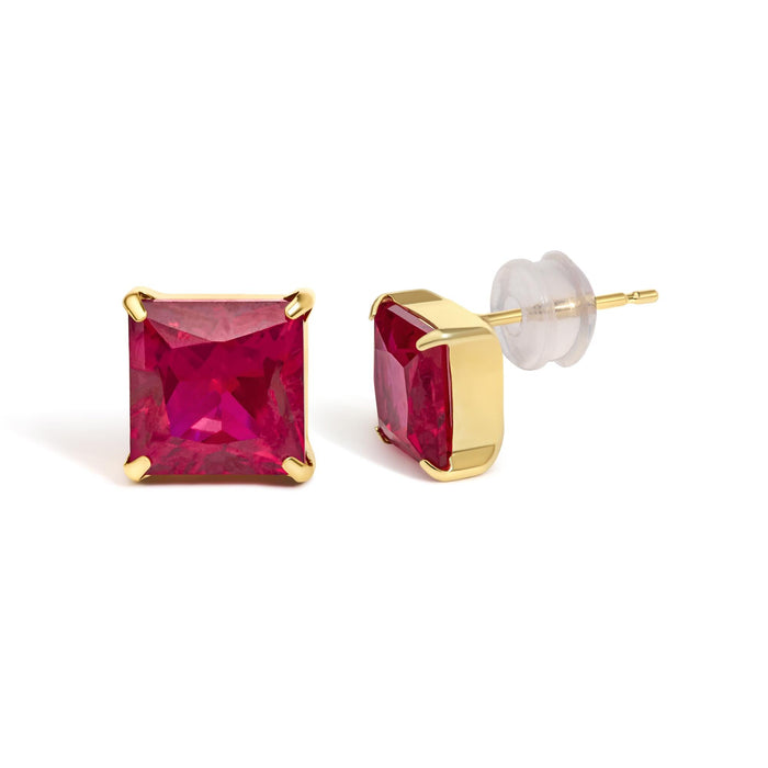 Aretes de botón solitarios con rubí rojo de talla princesa creado en laboratorio de 7x7 mm en oro amarillo de 18K, foto 2