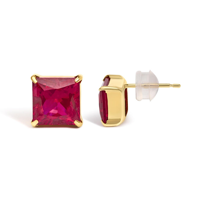 Aretes de botón solitarios con rubí rojo de talla princesa creado en laboratorio de 7x7 mm en oro amarillo de 18K, foto 4
