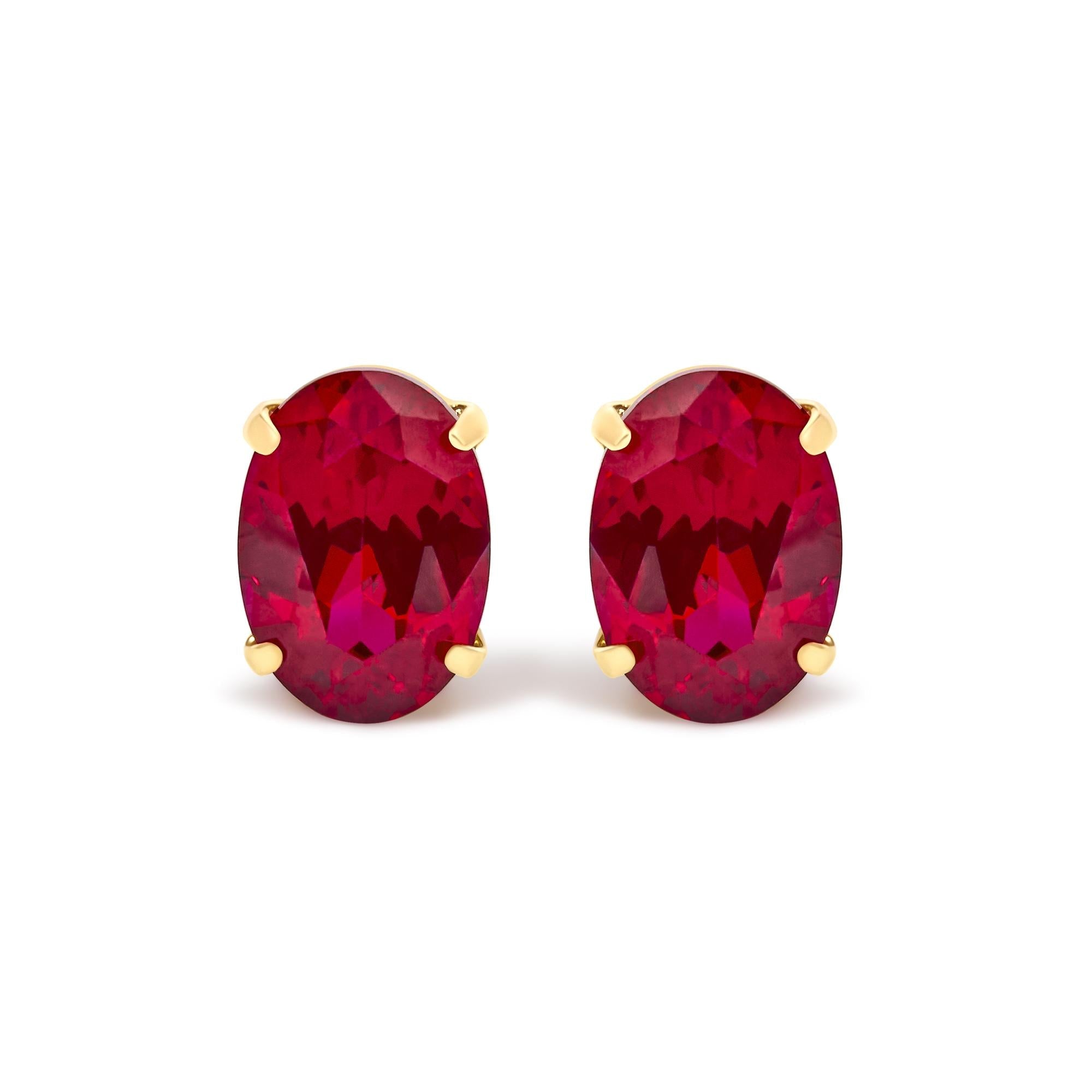 7x5mm Created Oval Ruby Solitaire Stud Earrings in 18K Yellow Gold, photo 1