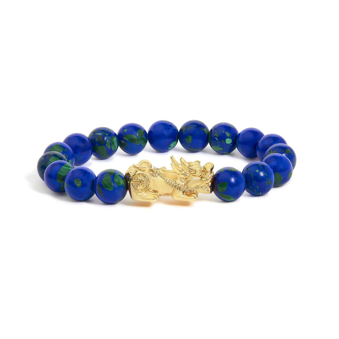 Pulsera con cuentas de azurita y dije de dragón en oro amarillo de 18K, foto 1