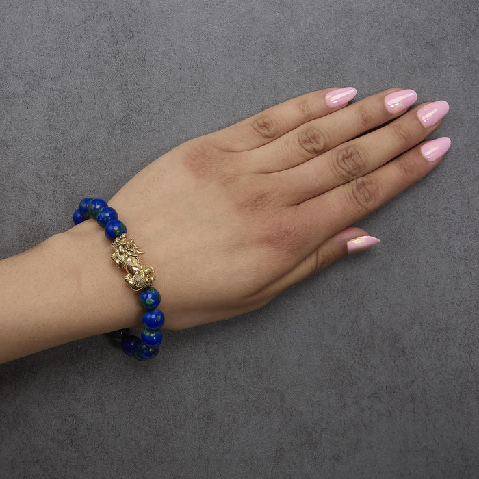 Pulsera con cuentas de azurita y dije de dragón en oro amarillo de 18K, foto 3