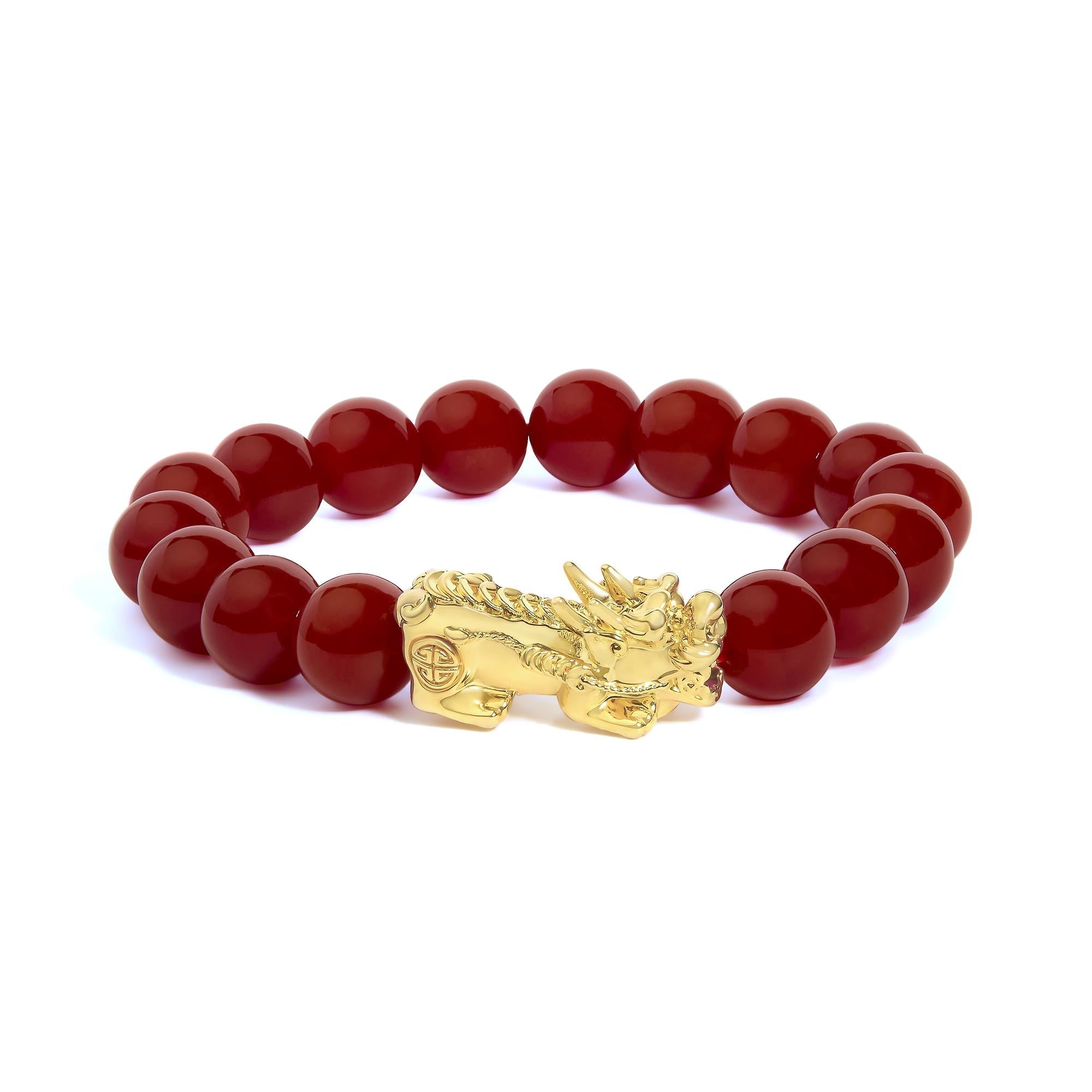 Pulsera de dijes con dije de dragón y cuentas de ágata roja en oro amarillo de 18K, foto 1
