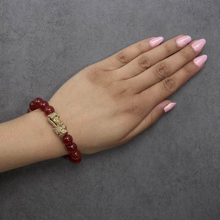 Pulsera de dijes con dije de dragón y cuentas de ágata roja en oro amarillo de 18K, foto 3