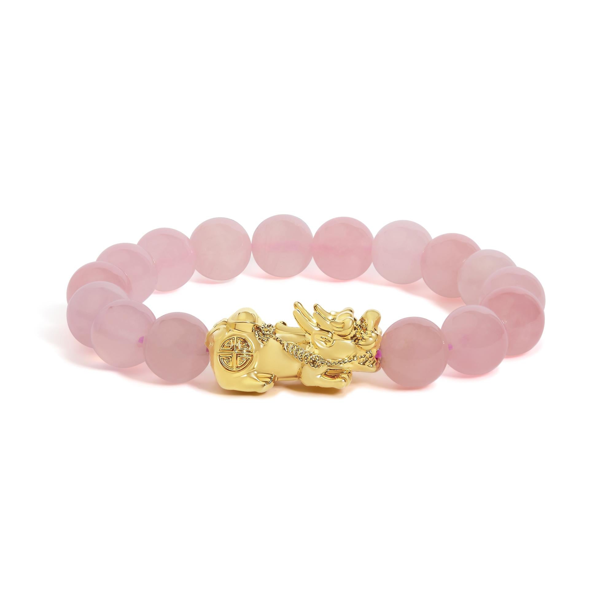 Dragon Charm Natural Rose Quartz Beaded Charm Bracelet in 18K Yellow Gold, photo 1