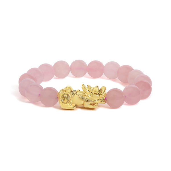 Dragon Charm Natural Rose Quartz Beaded Charm Bracelet in 18K Yellow Gold, photo 1