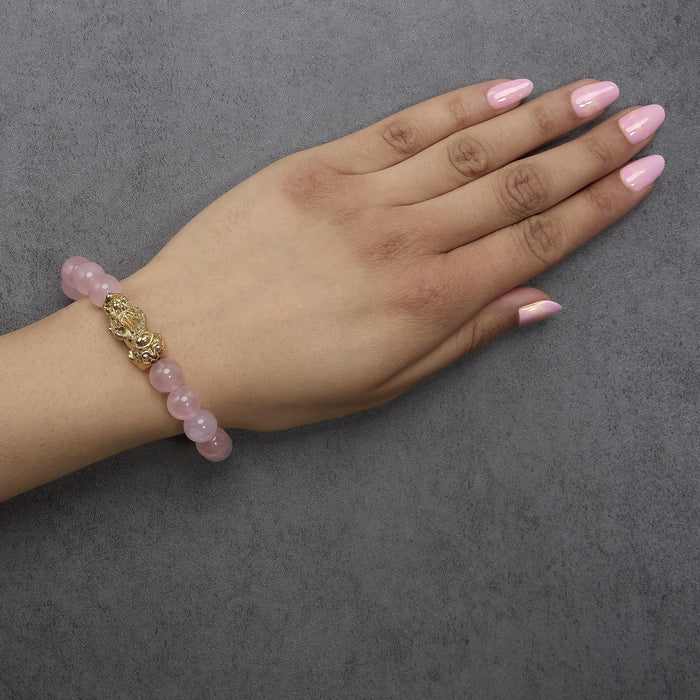 Dragon Charm Natural Rose Quartz Beaded Charm Bracelet in 18K Yellow Gold, photo 3