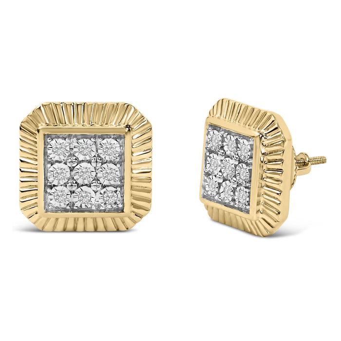 Aretes de botón de halo texturizado con diamantes de 1/6 ct. p.t. en plata de ley bañada en oro amarillo de 10K, foto 2