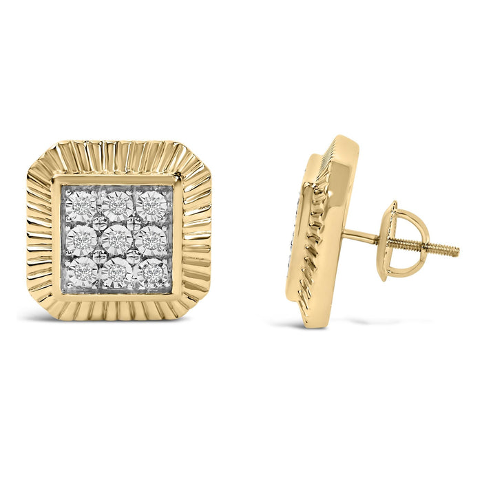 Aretes de botón de halo texturizado con diamantes de 1/6 ct. p.t. en plata de ley bañada en oro amarillo de 10K, foto 4