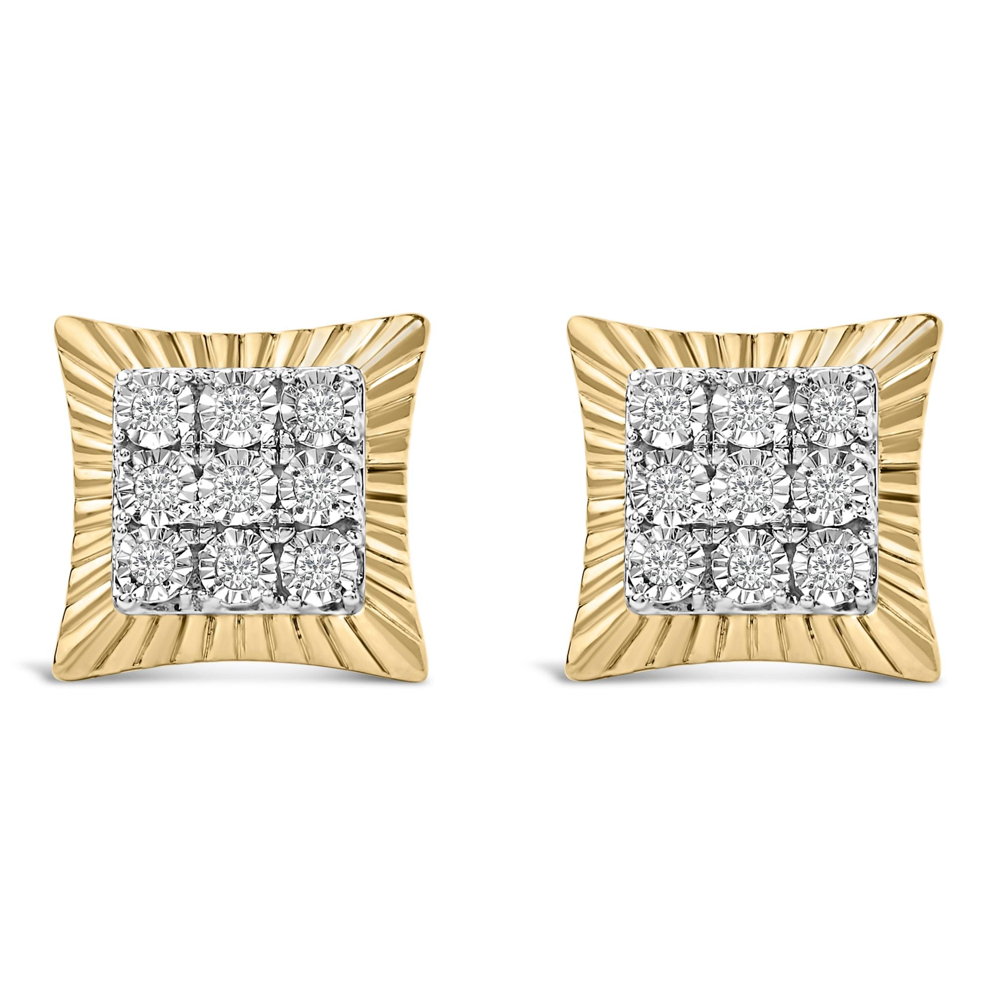 Aretes de botón de halo texturizado con diamantes de 1/4 ct. p.t. en plata de ley bañada en oro amarillo de 10K, foto 1