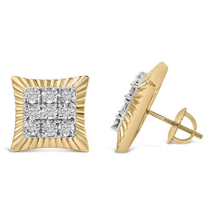 Aretes de botón de halo texturizado con diamantes de 1/4 ct. p.t. en plata de ley bañada en oro amarillo de 10K, foto 4