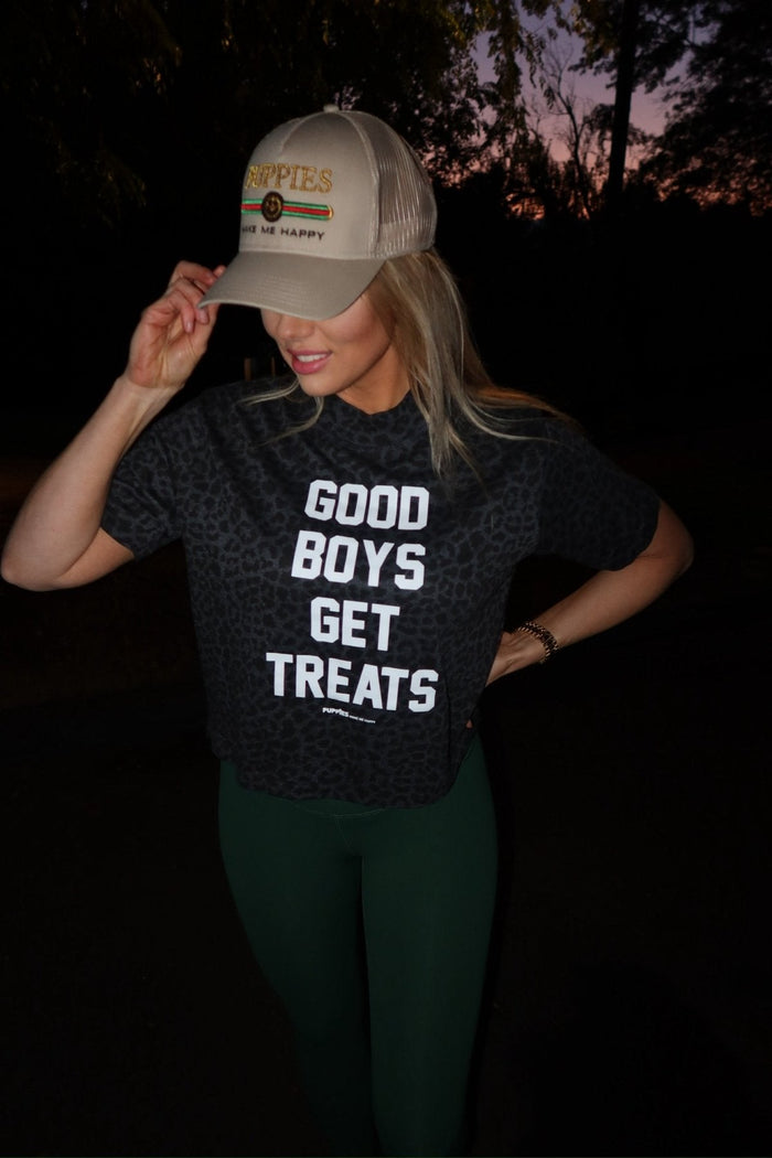 Good Boys Get Treats Crop Tee in black leopard