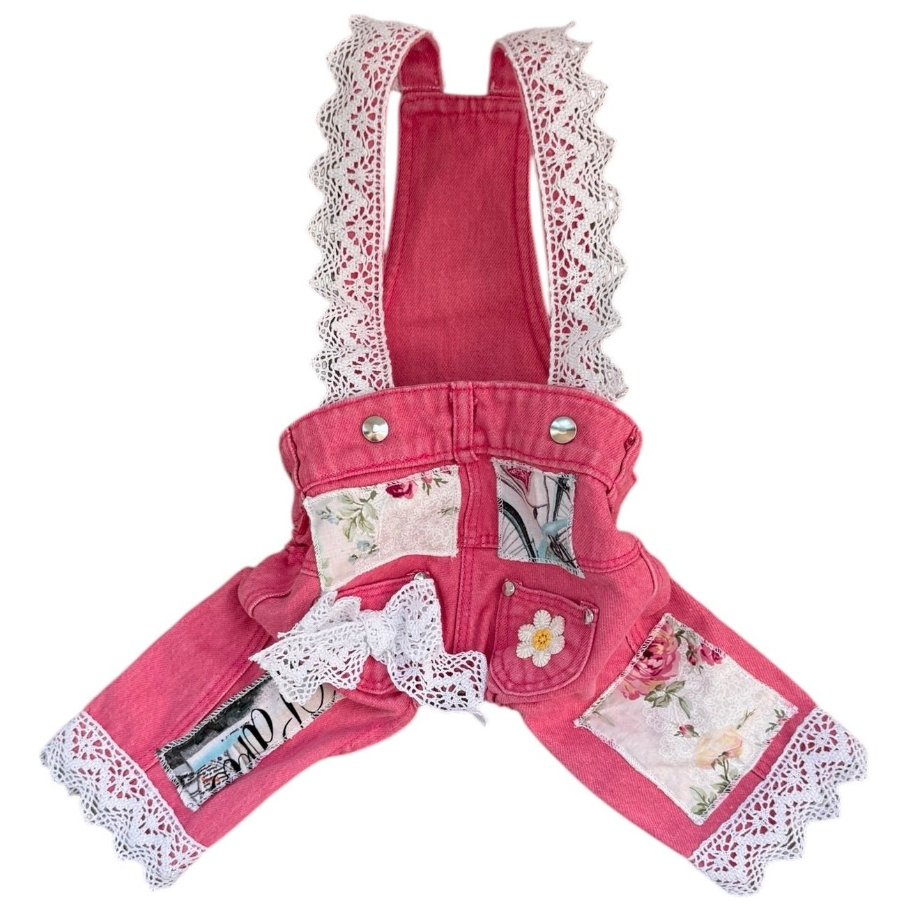 Overol rosa para perro con parches florales y ribete de encaje, foto 1