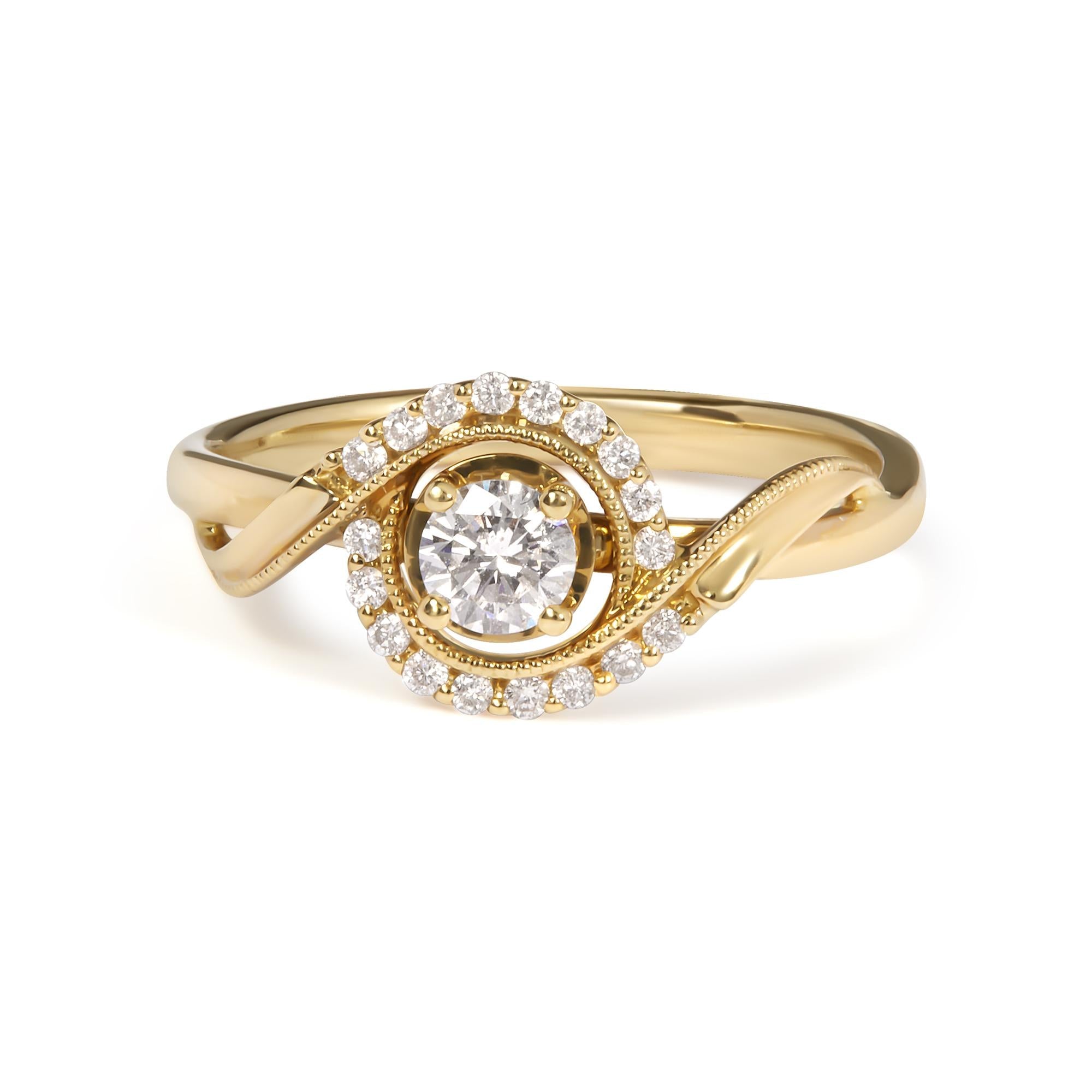 Anillo de compromiso solitario con halo en espiral con diamante de 1/3 ct. p.t. en oro amarillo de 14K, foto 1