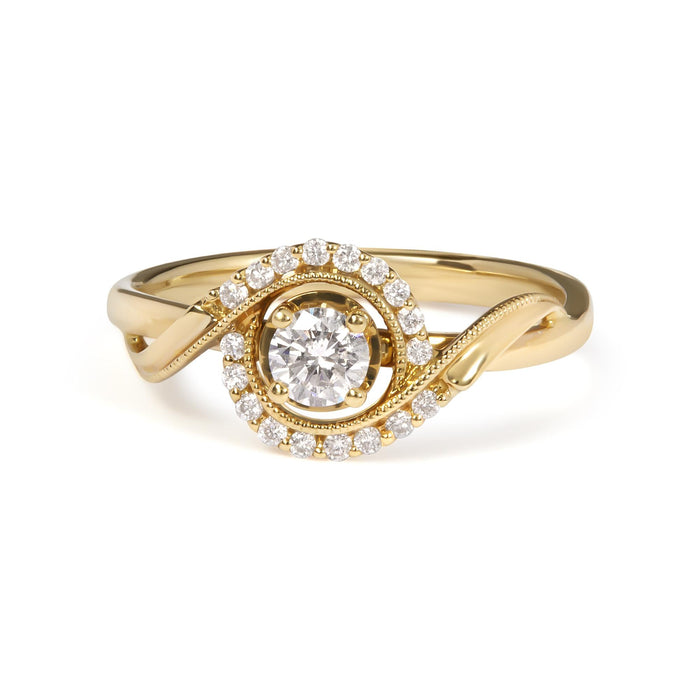 Anillo de compromiso solitario con halo en espiral con diamante de 1/3 ct. p.t. en oro amarillo de 14K, foto 1