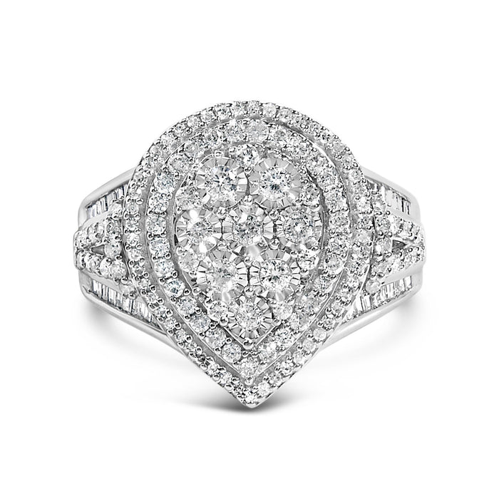 Anillo de racimo con triple halo en forma de pera con diamantes de 1 ct. p.t. en plata de ley, foto 1