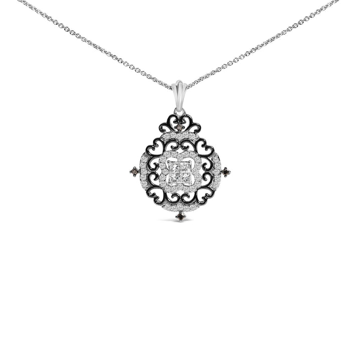 Collar con colgante de medallón ornamentado con diamantes de 3/4 ct. p.t. en plata de ley bañada en rodio negro, foto 1