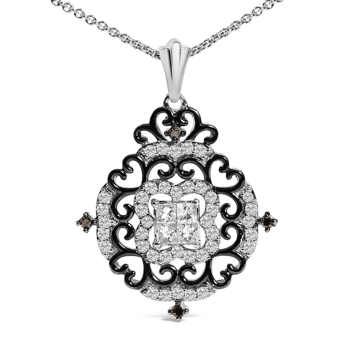 Collar con colgante de medallón ornamentado con diamantes de 3/4 ct. p.t. en plata de ley bañada en rodio negro, foto 2