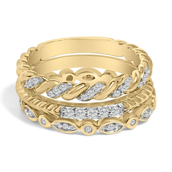Conjunto de anillos apilables de hoja con diamantes de 1/4 ct. p.t. en plata de ley bañada en oro amarillo de 14K, foto 1