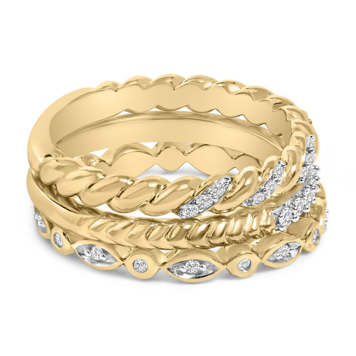Conjunto de anillos apilables de hoja con diamantes de 1/4 ct. p.t. en plata de ley bañada en oro amarillo de 14K, foto 2