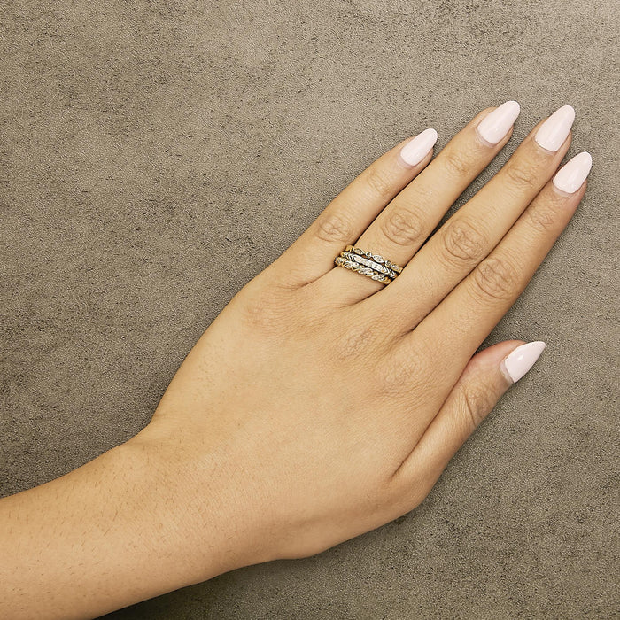 Conjunto de anillos apilables de hoja con diamantes de 1/4 ct. p.t. en plata de ley bañada en oro amarillo de 14K, foto 3
