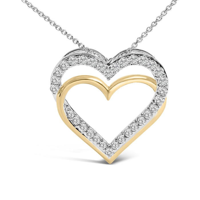 Collar con colgante de doble corazón con diamantes de 1 ct. p.t. en plata de ley bañada en oro amarillo de 14K, foto 2