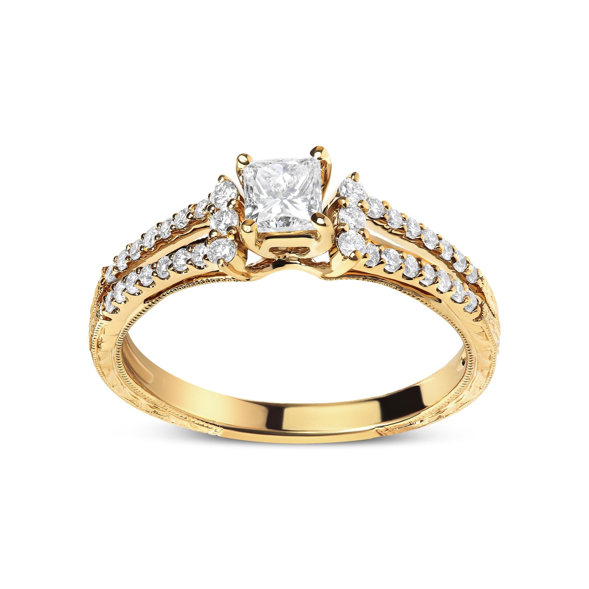 Anillo de compromiso de brazo dividido y milgrain con diamantes princesa de 5/8 ct. p.t. en oro amarillo de 14K, foto 1