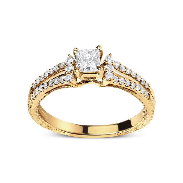 5/8 Ct. T.W. Diamond Princess Diamond Split Shank and Milgrain Engagement Ring in 14K Yellow Gold, photo 1