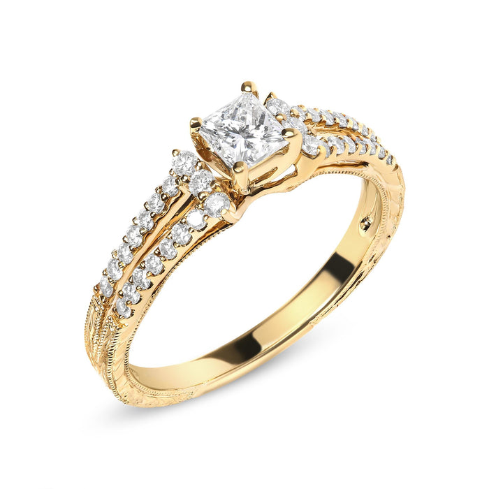 Anillo de compromiso de brazo dividido y milgrain con diamantes princesa de 5/8 ct. p.t. en oro amarillo de 14K, foto 2
