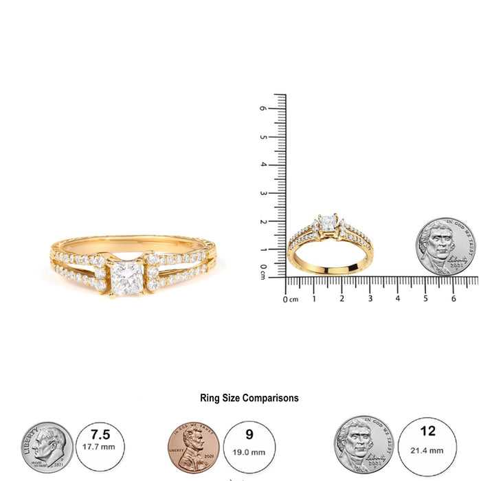 Anillo de compromiso de brazo dividido y milgrain con diamantes princesa de 5/8 ct. p.t. en oro amarillo de 14K, foto 5