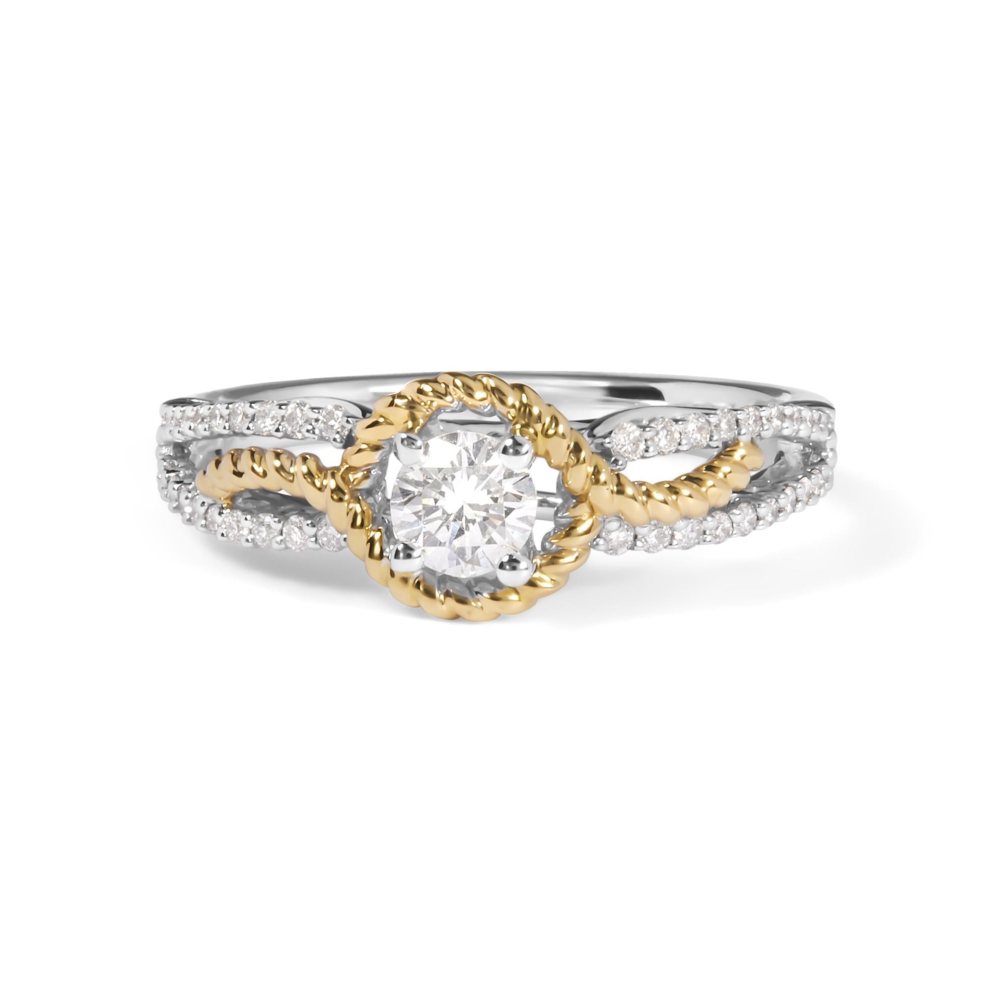 Anillo de compromiso de brazo dividido y halo de cuentas con diamantes de 3/8 ct. p.t. en oro de dos tonos de 14K, foto 1