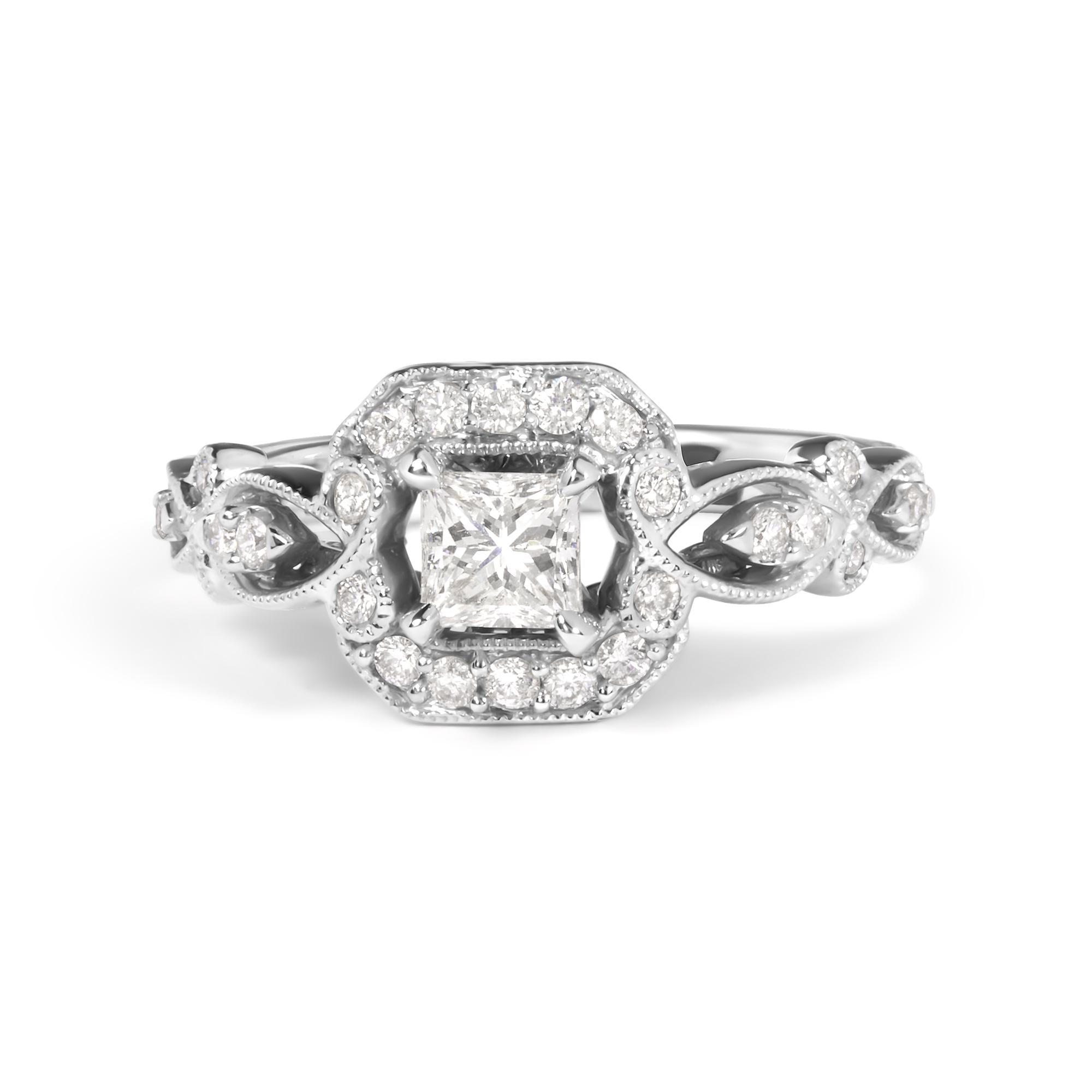 Anillo de compromiso estilo halo con aro tejido con diamantes de 3/4 ct. p.t. en oro blanco de 14K, foto 1