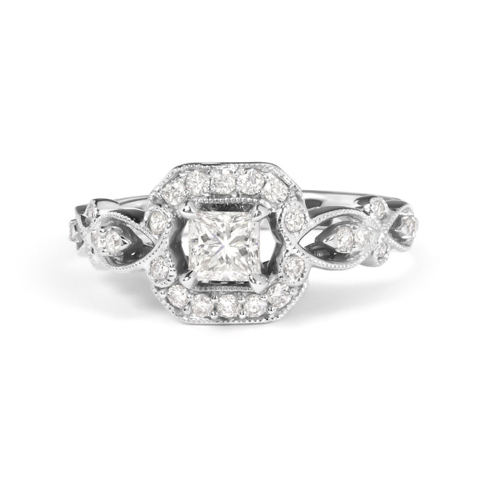 Anillo de compromiso estilo halo con aro tejido con diamantes de 3/4 ct. p.t. en oro blanco de 14K, foto 1