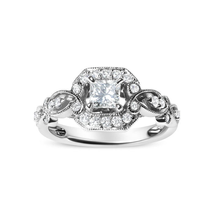 Anillo de compromiso estilo halo con aro tejido con diamantes de 3/4 ct. p.t. en oro blanco de 14K, foto 2