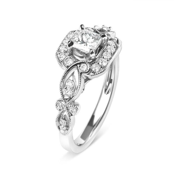 Anillo de compromiso estilo halo con aro tejido con diamantes de 3/4 ct. p.t. en oro blanco de 14K, foto 4