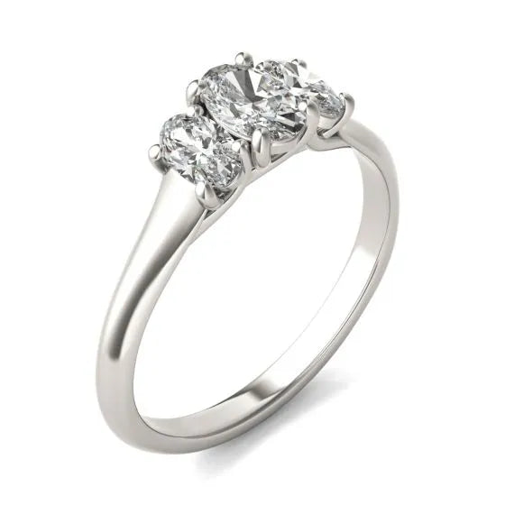 Anillo de tres piedras con diamantes ovalados cultivados en laboratorio de 1 CTW en oro de 14K, foto 2